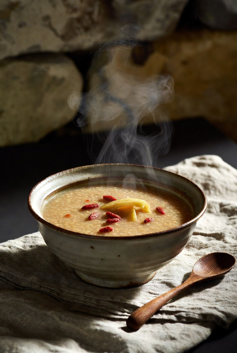 Healing congee bowl with goji berries